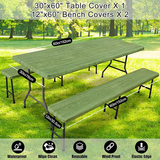 Smiry Picnic Table Cover with Bench Covers, Waterproof Elastic Fitted Tablecloth for 5 Foot Tables, Washable Polyester Tablecloths for Camping, Indoor & Outdoor (Green & Black, 30x60 Inch 3-pc Set)