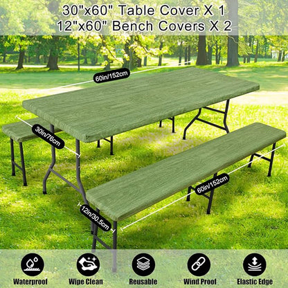 Smiry Picnic Table Cover with Bench Covers, Waterproof Elastic Fitted Tablecloth for 5 Foot Tables, Washable Polyester Tablecloths for Camping, Indoor & Outdoor (Green & Black, 30x60 Inch 3-pc Set)