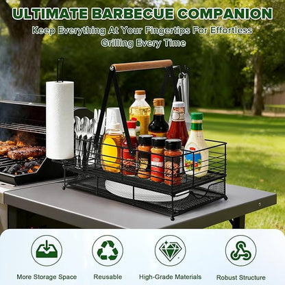 Grill Caddy, BBQ Caddy with Paper Towel Holder, Blackstone Griddle Organizer, Plate and Utensil Holder Organizer for Outdoor Grill, Picnic, Camping, Condiment Storage for Kitchen Counter