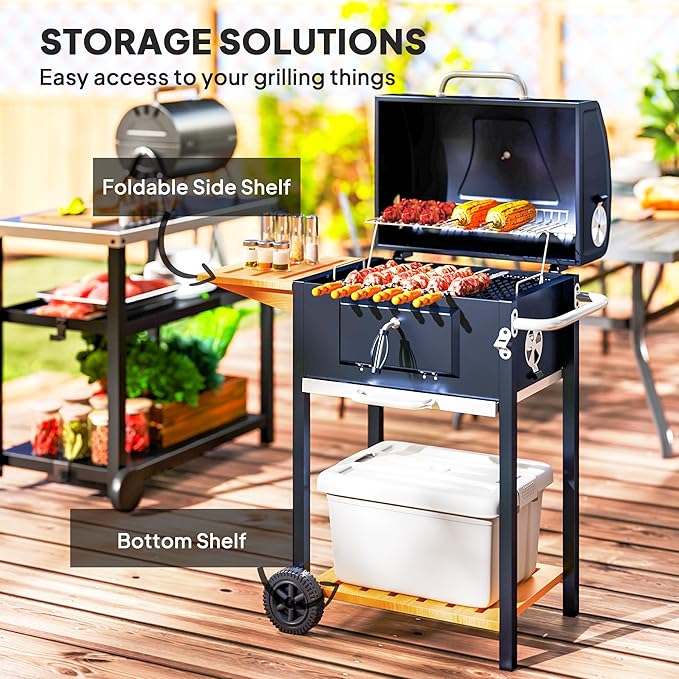 Charcoal BBQ Grill, Portable Barbecue Grill for Camping or Backyard Picnic with Side Table, Bottom Storage Shelf, Wheels and Handle, Black