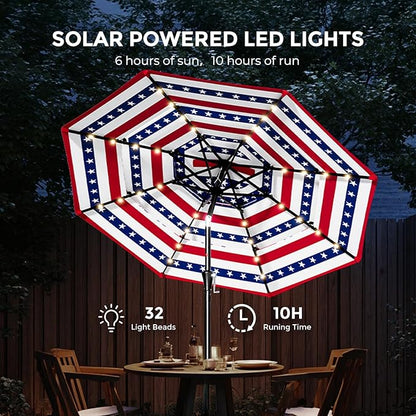 HOMSHADE 9FT 3-Tier Solar Patio Umbrella Heavy Duty, Vented Market Table Umbrella Windproof w/32 LED Lights, UPF50+, 5-Year Fade Resistant, for Pool, Lawn, Garden, Deck (No Base)
