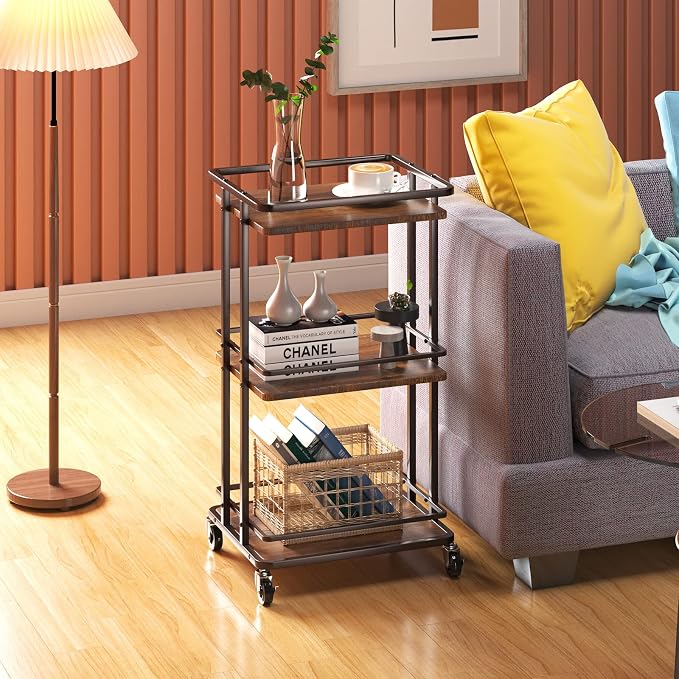 XYZLVSI Bar Cart, Home Bar Serving Cart, 3 Tier Kitchen Shelf with Wheels | Wood and metal, kitchen island storage cart with wheels, multifunction utility cart storage rack for dining room, living room