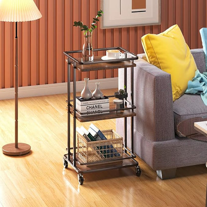 XYZLVSI Bar Cart, Home Bar Serving Cart, 3 Tier Kitchen Shelf with Wheels | Wood and metal, kitchen island storage cart with wheels, multifunction utility cart storage rack for dining room, living room