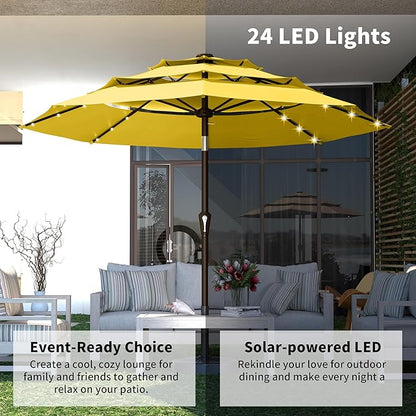 Kingdura 9ft 3-Tier Patio Umbrella with Solar Lights, Table Umbrella Outdoor Patio with Easy Crank & Tilt, 8 Sturdy Ribs, UV Protection, 32 LED Lights for Deck, Poolside, Market (Yellow)