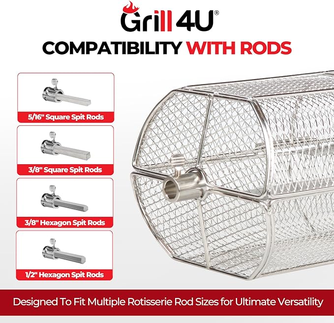 Rotisserie Basket for Outdoor Grill (15.4" x 6.8" x 6.4") - Heavy Duty Stainless Steel BBQ Basket with Reinforced Latch & Safety-Smooth Edges - Splits Apart for Easy Cleaning - Fits Most Grills