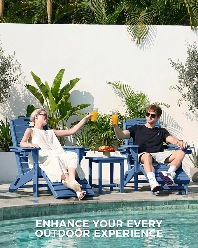 Folding Adirondack Chair with Retractable Ottoman Weather Resistant Fire Pit Chair Patio Chair with 2 Cup Holder Lawn Outdoor Lounge Chair (Navy Blue)