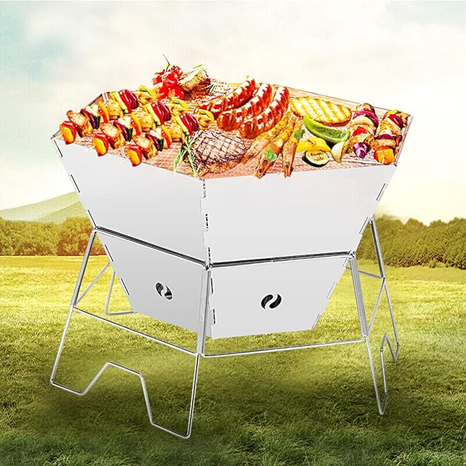 Charcoal Grill Outdoor Stainless Steel Folding Charcoal BBQ Grill Make Lightweight Steel Mesh Grill Camping Grill for Outdoor Camping Cooking Backpacking Party Camping Grill