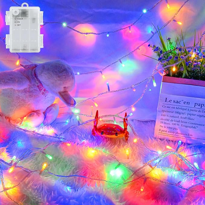 cshare Christmas String Lights Outdoor Waterproof 9.8ft 30 LED, Muliticolor Fairy Lights Battery Operated with Timer Clear Wire for Indoor & Outdoor Christmas Decorations Garland Party Garden