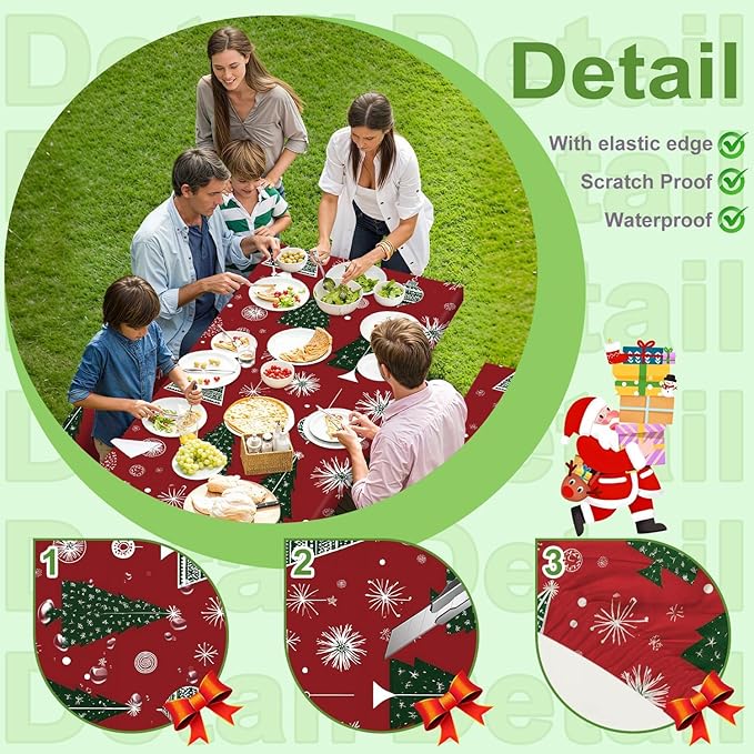 Christmas Picnic Table Cover with Bench Covers Set, Elastic Fitted Tablecloth for Outdoor Wooden Tables, Red Holiday Pattern with Christmas Trees and Snowflakes, Durable and Easy to Clean