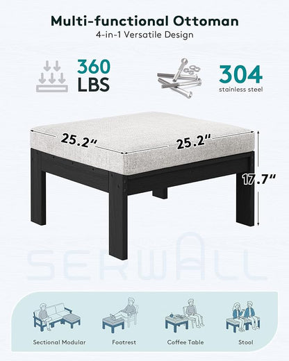 SERWALL Outdoor Ottoman with Cushions for Sofa Set, Black HDPE Frame with Beige Cushions
