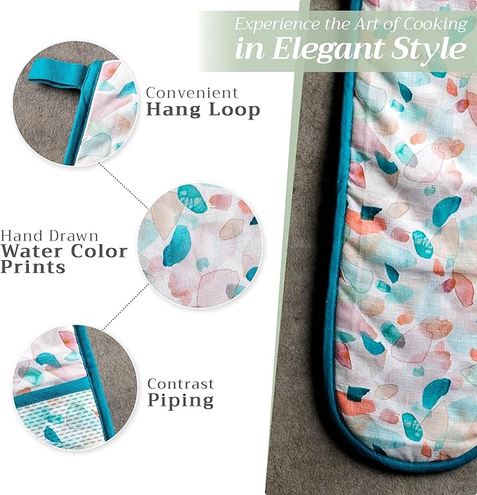 Maison d' Hermine Double Oven Mitts 100% Cotton 7"x35" Double Oven Mitt Heat Resistant BBQ Cooking Gloves with Loop Baking Grilling Kitchen Hotel Home Farmhouse Spring Summer (Summer Picnic)