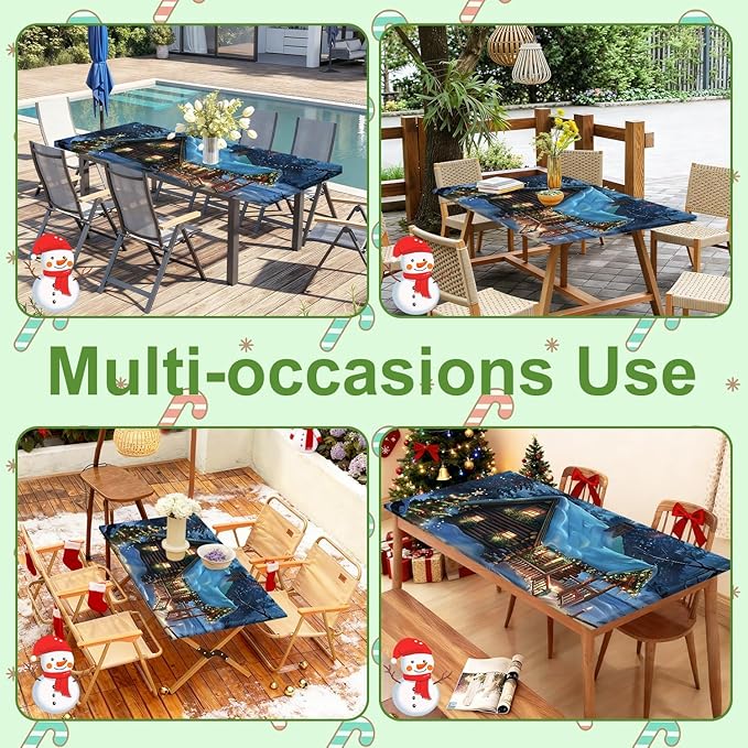 Christmas Picnic Table Cover with Bench Cover, Outdoor Picnic Table Elastic Tablecloth, Green Santa Claus and Reindeer Design, Camping, Barbecue and Holiday Party Tablecloth