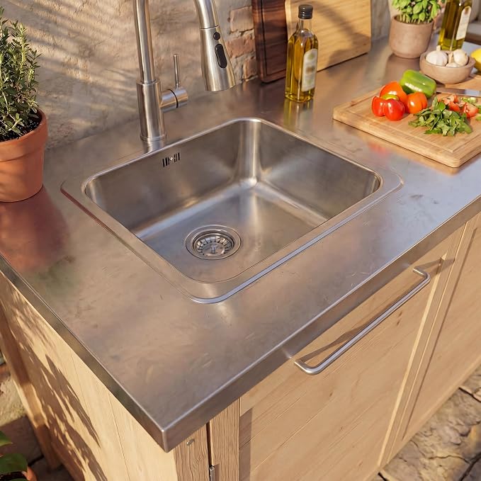 MOUMON Patio Kitchen Sink Cabinet with Stainless Steel Countertop, Solid Cedar Patio Prep Table with Trash Bin Storage, Outdoor Cooking Station, Sink not Included, Oak 51.2”W x 23.6”D x 37.4”H