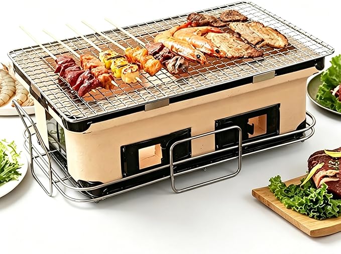 Traditional Rectangular Outdoor Bbq Grill, Tabletop Charcoal Grill With Wire Mesh Grates, Japanese Clay Grill For Family Gatherings, Camping And Backyard Barbecues