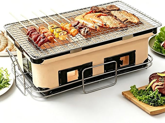 Traditional Rectangular Outdoor Bbq Grill, Tabletop Charcoal Grill With Wire Mesh Grates, Japanese Clay Grill For Family Gatherings, Camping And Backyard Barbecues