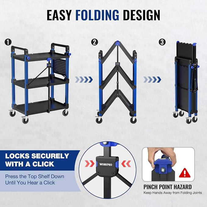 WORKPRO Heavy Duty 3-Tier Utility Cart, 450 LBS Folding Cart with Wheels | Built-In Pegboard & Hooks Keep Tools Organized, Collapsible Design with Carry Handle for Garage, Workshop, Warehouse & Home