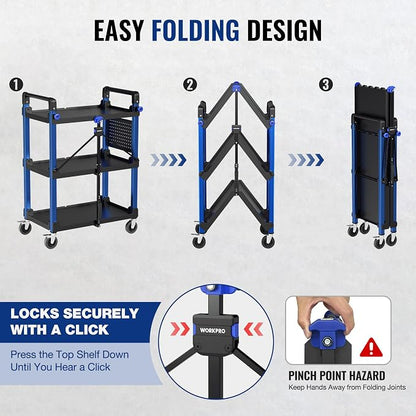 WORKPRO Heavy Duty 3-Tier Utility Cart, 450 LBS Folding Cart with Wheels | Built-In Pegboard & Hooks Keep Tools Organized, Collapsible Design with Carry Handle for Garage, Workshop, Warehouse & Home