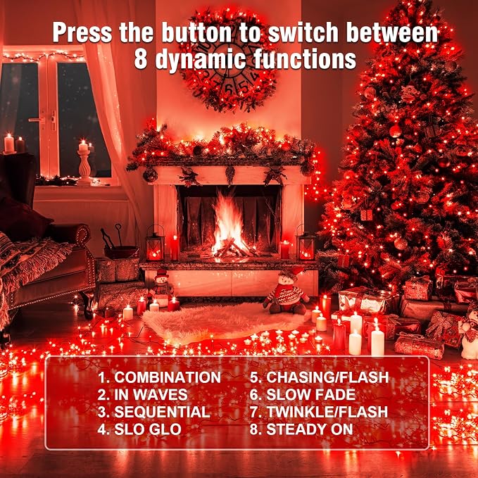 Nisocy Red String Lights with Green Wire, Waterproof Christmas Tree Fairy Lights with 8 Modes, Indoor Outdoor Decorative Lighting for Holiday, Party, Garden, Patio(66FT)