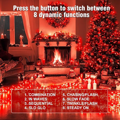 Nisocy Red String Lights with Green Wire, Waterproof Christmas Tree Fairy Lights with 8 Modes, Indoor Outdoor Decorative Lighting for Holiday, Party, Garden, Patio(66FT)