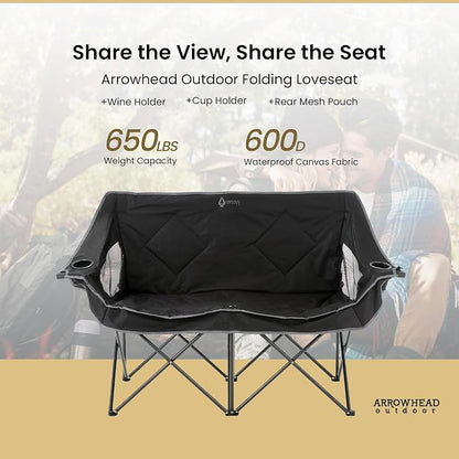 ARROWHEAD OUTDOOR Portable Folding Double Duo Camping Chair Loveseat | 2 Cup and Wine Glass Holder, Carrying Bag, Supports up to 650lbs, Beach, Tailgating, Fishing, Patio, Hunting, Backyard