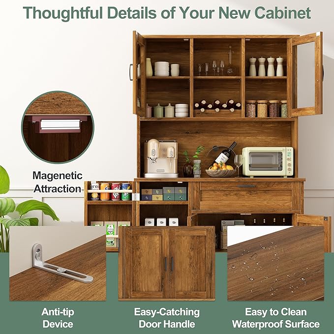 Shintenchi Kitchen Pantry Storage Cabinet, Freestanding Buffet Cabinet with Microwave Stand & 3 Door Shelves, Kitchen Hutch with Doors, Adjustable Shelves and Wine Rack, Brown