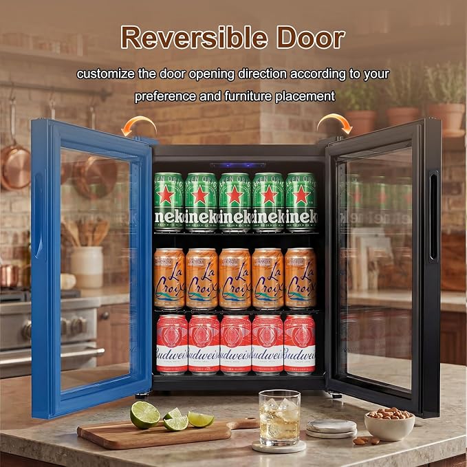 FoMup Mini Fridge 50 Can, Small Beverage Refrigerator with Reversible Glass Door, Countertop Drink Cooler with Temperature Control, Compact Beer Soda Fridge for Office Dorm Kitchen, Black