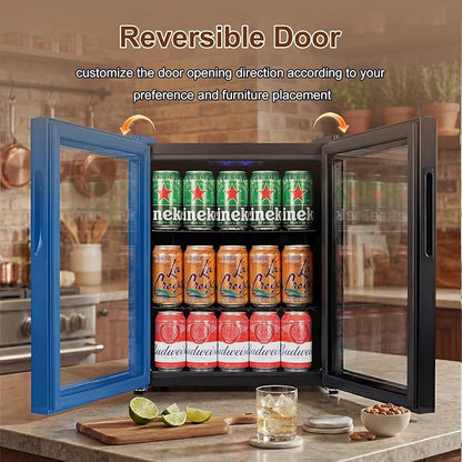 FoMup Mini Fridge 50 Can, Small Beverage Refrigerator with Reversible Glass Door, Countertop Drink Cooler with Temperature Control, Compact Beer Soda Fridge for Office Dorm Kitchen, Black