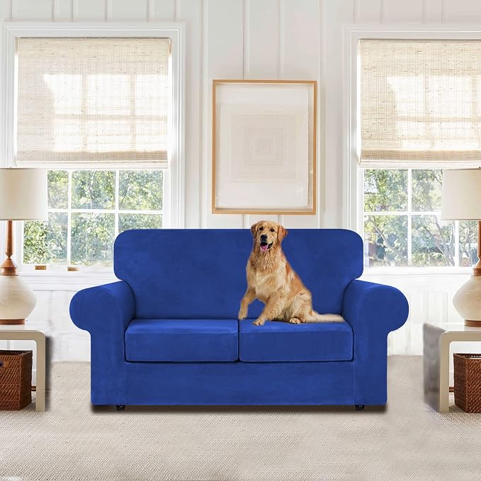 WEERRW Velvet Stretch 3 Pieces Couch Cover for Sofa Washable, Royal Blue | Love Seat Couch Covers for 2 Cushion Couch Sofa Furniture Protector slipcoves with Elastic Bottom for Kids, Medium