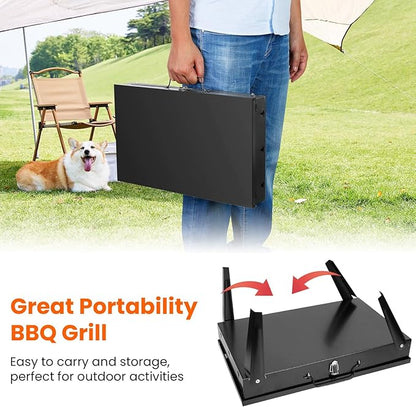 Portable Charcoal Grill - Foldable BBQ Grill with Adjustable Height & Convenient Storage for Outdoor Cooking, Picnics, Camping, and Backyard Grilling (16.7x10x17.7in)
