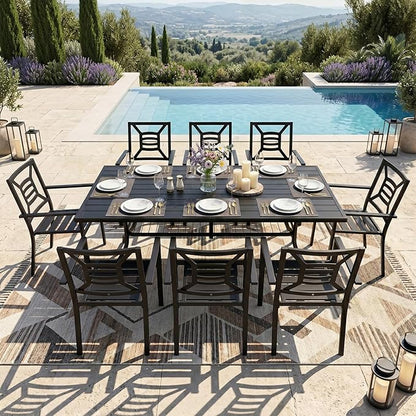 9 Pieces Patio Dining Set for 8, Large 77" Outdoor Metal Table with Universa Umbrella Hole & Stackable Iron Chairs, Patio Furniture Set for Deck, Backyard, Yard, Porch
