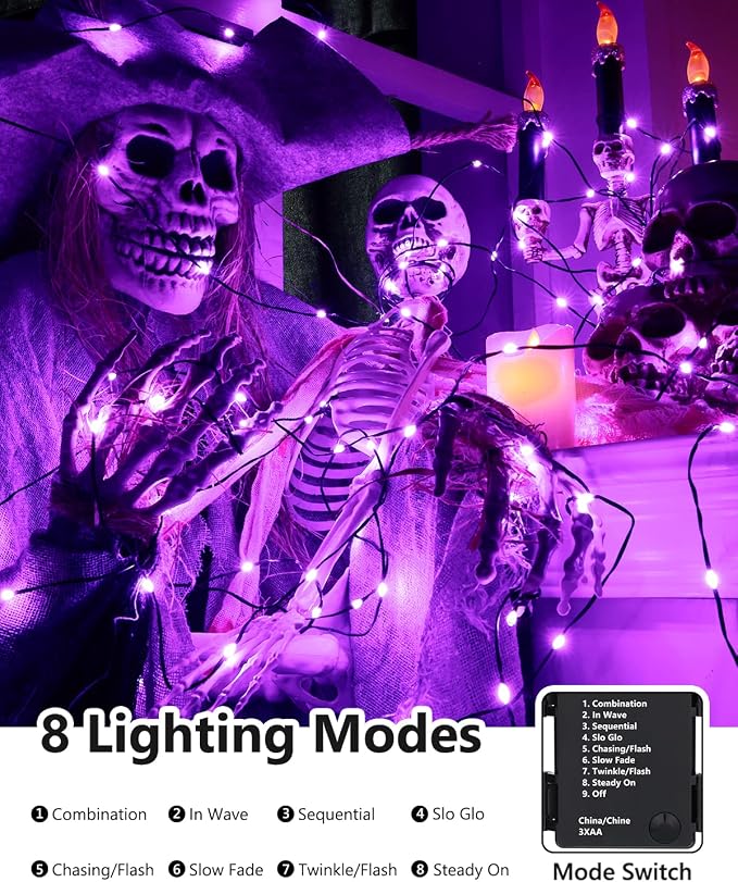 Brizled Purple String Lights, 2 Pack 50 LED Battery Powered Halloween Light | 8 Modes Purple Fairy Lights with Timer, Twinkle Halloween Tree Lights Black Wire for Indoor Outdoor Party Garden Yard Decor