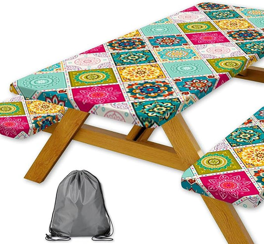 Boho Picnic Table Cover with Bench Covers and Bag, Camping Essentials, Bohemian Mandala Waterproof Washable Fitted Camping Tablecloths with Elastic Edges for Outdoor & Garden, 3 Pcs Set 30x72 Inch