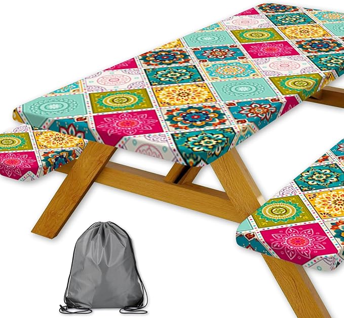 Boho Picnic Table Cover with Bench Covers and Bag, Camping Essentials, Bohemian Mandala Waterproof Washable Fitted Camping Tablecloths with Elastic Edges for Outdoor & Garden, 3 Pcs Set 30x60 Inch