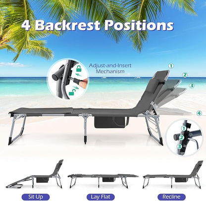 GYMAX Tanning Chair, 330LBS Beach Lounge with Face Arm Hole & Hand Shoulder Strap, Folding Layout Sunbathing Chair, Face Down Outdoor Chaise Lounger for Patio, Poolside, Lawn, Backyard (1, Grey)