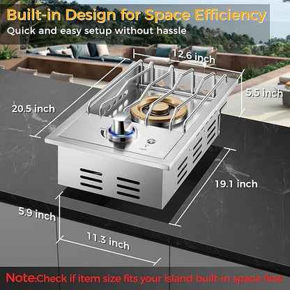Grilling Side Burners for Outdoor Kitchen,18,000BTU Nature Gas Side Burner Convertible to Liquid Propane, Duty Heavy 304 Stainless Steel, Single Burner for BBQ Island Grill, Gold