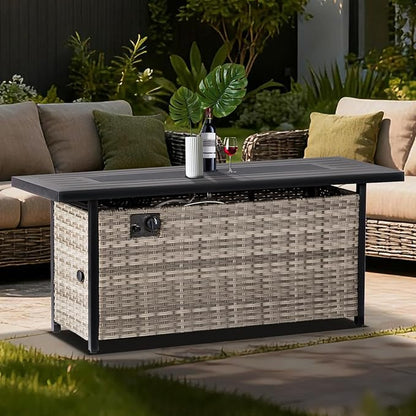 EcoNook 57 inch Propane fire Pit Table with Waterproof Cover & Ratten Side Panel, 50000 BTU Gas Firepit Table with Lid & Lava Rock, Outdoor Fire Pit for Dining or Party, Firepit for Outside, Patio