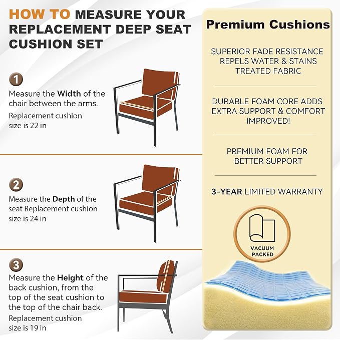 Outdoor Seat Cushion Set 24 x 22 Inch,Olefin Deep Seat Patio Cushions,Patio Furniture Cushions with Removable Cover,Rain-Proof and Fade Resistant Deep Seat Bottom & Back Cushion with Pillow,1 Set