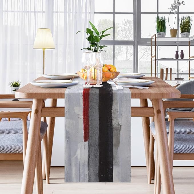 Emvency Black and White Table Runner, Modern Grey Red Art Painting for Kitchen Coffee Table Family Dinners Holiday Parties Wedding Events Decor(13x108 inch)