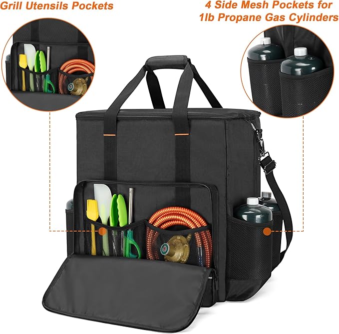 GRAOSO Boat Grill Storage Bag Compatible with Magma Marine Kettles, Grill Cover Carrying Case with 4 Side Pockets for 1lb Propane Cylinders, Padded Handle and Shoulder Strap, Tools Pockets, Black