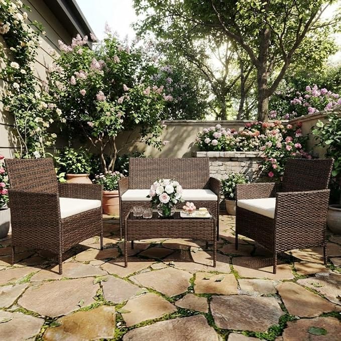 4-Piece Patio Furniture Set, Outdoor Wicker Conversation Set with Tempered Glass Coffee Table, Heavy Duty PE Rattan Sectional Sofa & Washable Cushions for Backyard, Deck, Poolside (Brown Rattan/Beige)