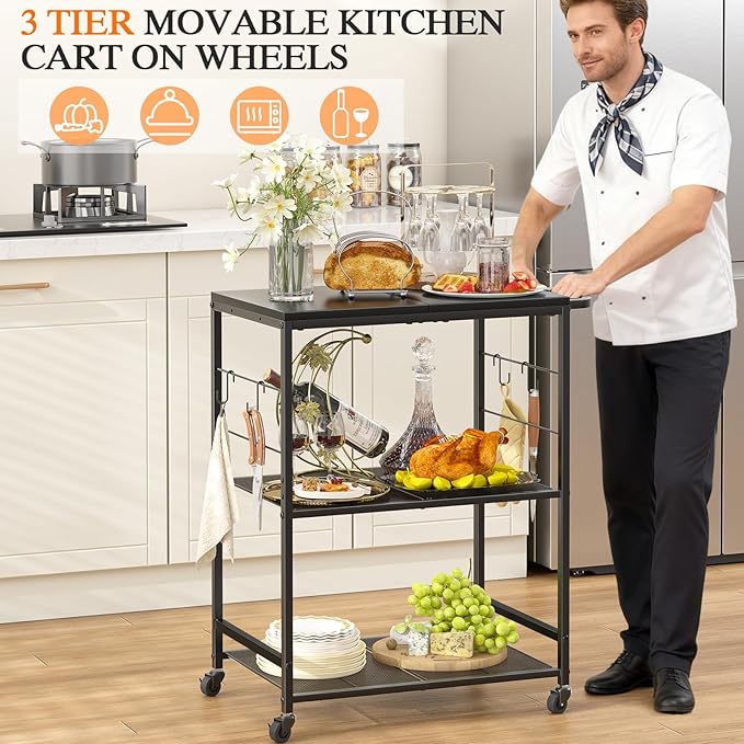 DAOUTIME Grill Cart for Outside, 3-Tier BBQ Food Prep Rolling Table Cart, with 23.62" Lx 15.75" W Rust-Resistant Tabletop, Outdoor Pizza Oven Table Ideal for Patio Backyard Kitchen Tools Room