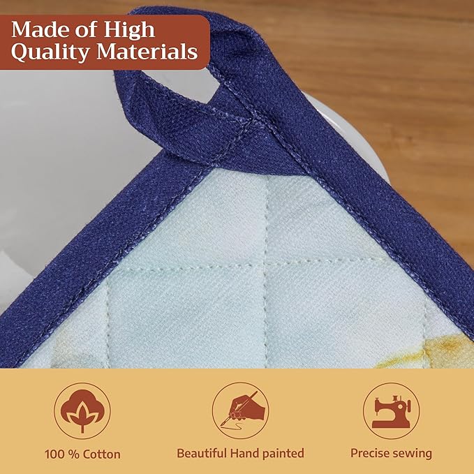 Maison d' Hermine Pot Holders 100% Cotton Heat Resistant Potholders 8" x 8" Hot Pads with Loop Cooking Baking Hotel Farmhouse Kitchen Handling Hot Pans Spring Summer (Pack of 2, Lazy Summer Days)