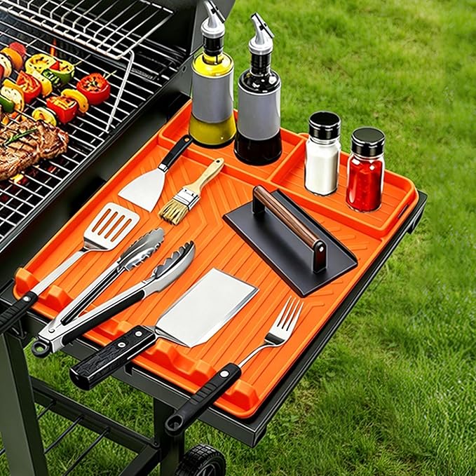 Rollable Silicone Grill Mat for Blackstone Griddle, Heat-Resistant Side Shelf Organizer with Drip Tray for Griddle Tools & BBQ Accessories, Non-Slip Outdoor Grill Mat Gift for Men (Orange)