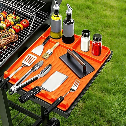 Rollable Silicone Grill Mat for Blackstone Griddle, Heat-Resistant Side Shelf Organizer with Drip Tray for Griddle Tools & BBQ Accessories, Non-Slip Outdoor Grill Mat Gift for Men (Orange)