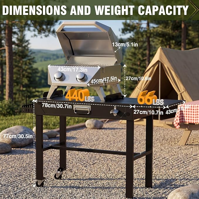 BESTFIRE 2-Burner Tabletop Propane Grill with Foldable Grill Cart, Portable Gas BBQ Station with Wheels & Prep Table, Dual-Fuel Setup for 1lb & 20lb Tanks, Stainless Steel Outdoor Kitchen for Camping