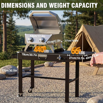 BESTFIRE 2-Burner Tabletop Propane Grill with Foldable Grill Cart, Portable Gas BBQ Station with Wheels & Prep Table, Dual-Fuel Setup for 1lb & 20lb Tanks, Stainless Steel Outdoor Kitchen for Camping