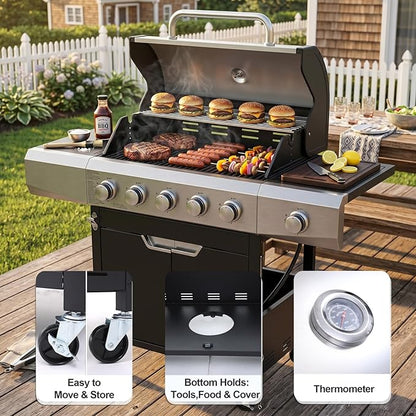 Endark 5-Burner 58,500 BTU Outdoor Propane Gas Grill with Side Burner, Stainless Steel & Porcelain Grates, Wheeled BBQ Grill for Patio, Garden, Backyard