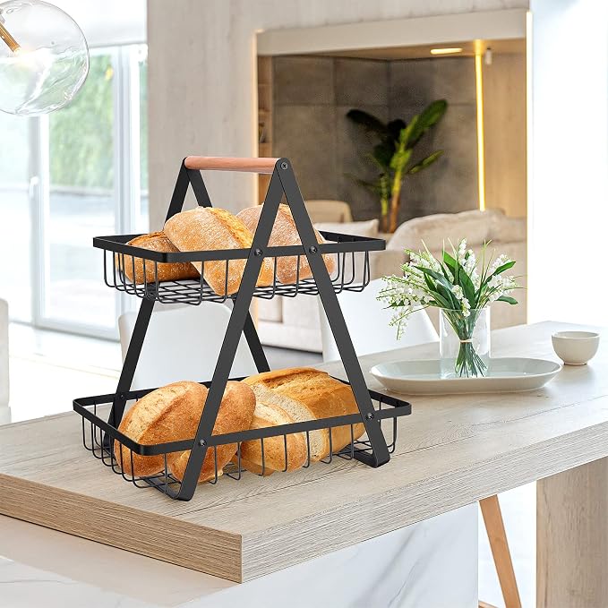 mahueeol 2-Tier Metal Fruit Basket for Kitchen Counter with Wooden Handle | Detachable rectangular baskets hold fruits, vegetables, bread and snacks; use stacked or separately in kitchens and pantries
