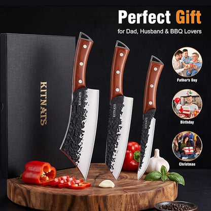 KITNATS Hand Forged Butcher Knife Set, 3PCS BBQ Knife Set with Meat Cleaver, Chef Knife & Boning Knife, High Carbon Steel Cleaver Knife Set for Meat Cutting, Camping, Outdoor Cooking, Gift for Men