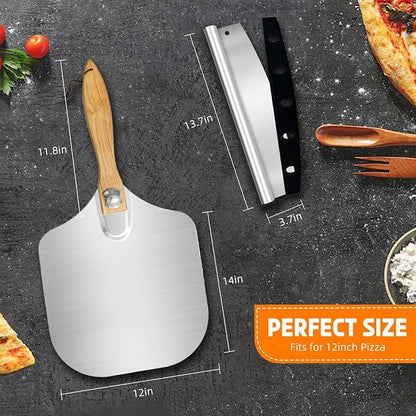 2Pcs Aluminum Pizza Peel Set | 12"×14" Metal Pizza Paddle (Foldable Wooden Handle) + Rocker Cutter | Pizza Box Packaging, Gift-Ready for Baking Lovers
